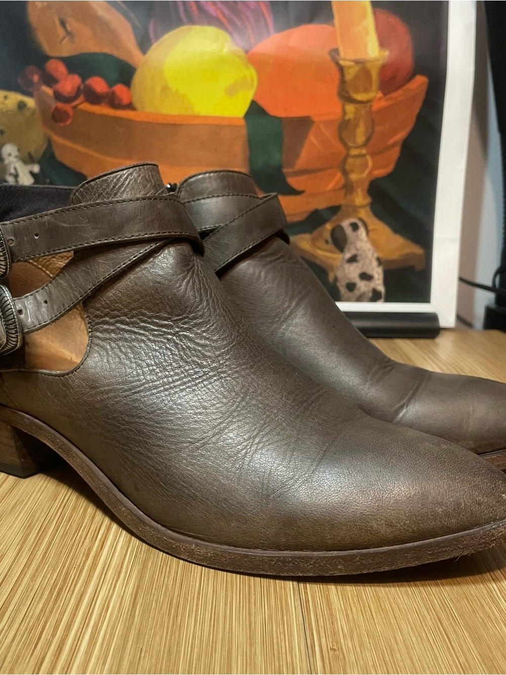 FRYE Sacha Western Buckle Ankle Boots Slate Gray Leather Side Zip Womens 11M